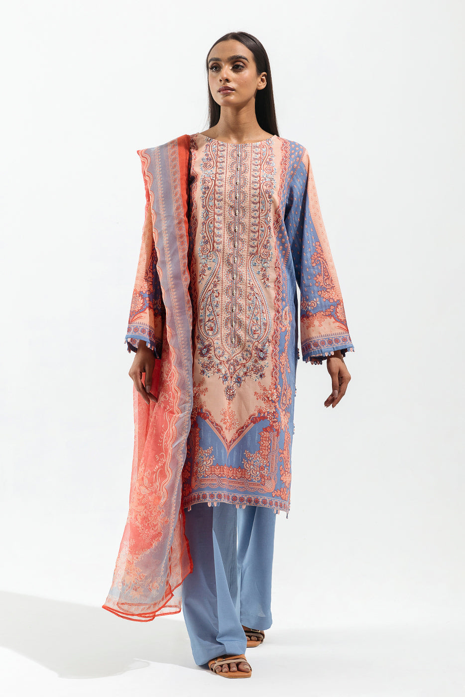 2 PIECE - EMBROIDERED LAWN SUIT - CERULEAN TANGERINE (UNSTITCHED) - BEECHTREE