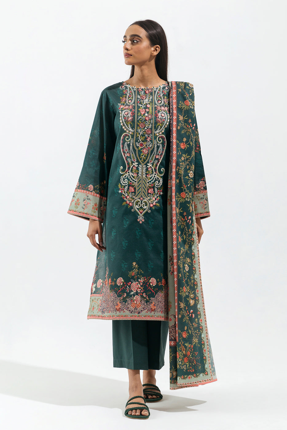 3 PIECE - EMBROIDERED LAWN SUIT - TEAL VIBE