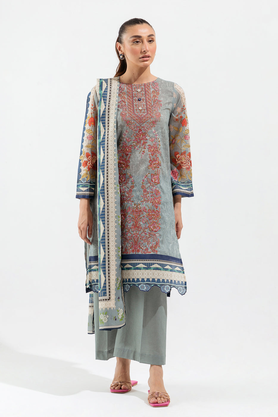 3 PIECE - EMBROIDERED LAWN SUIT - CAROLINA BLOOM (UNSTITCHED)