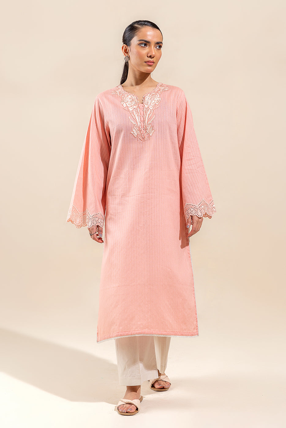 1 PIECE EMBROIDERED LENO KARRA SHIRT-CORAL FLORAL(UNSTITCHED)