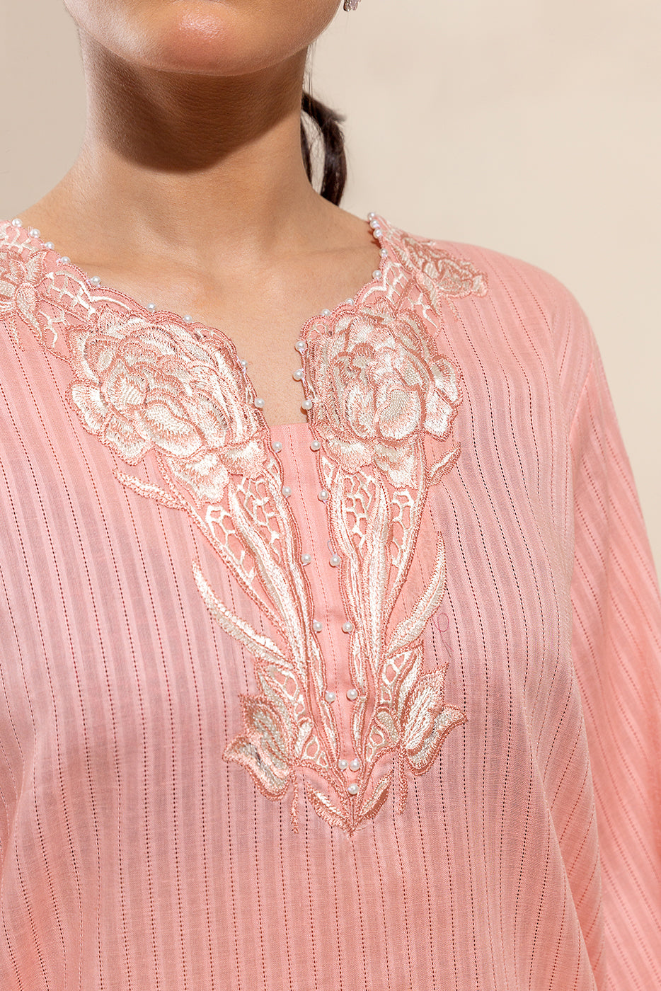 1 PIECE EMBROIDERED LENO KARRA SHIRT-CORAL FLORAL(UNSTITCHED)