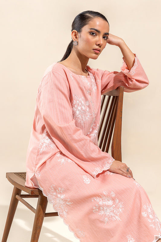 1 PIECE EMBROIDERED LENO KARRA SHIRT-SALMON MUSE(UNSTITCHED)