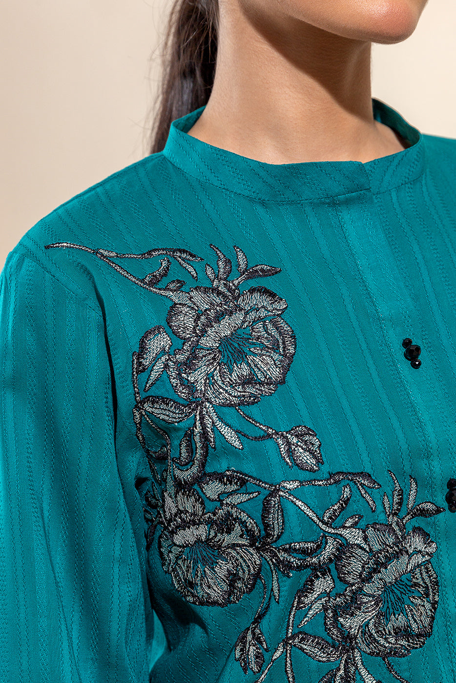 1 PIECE EMBROIDERED LENO KARRA SHIRT-TEAL AURA(UNSTITCHED)