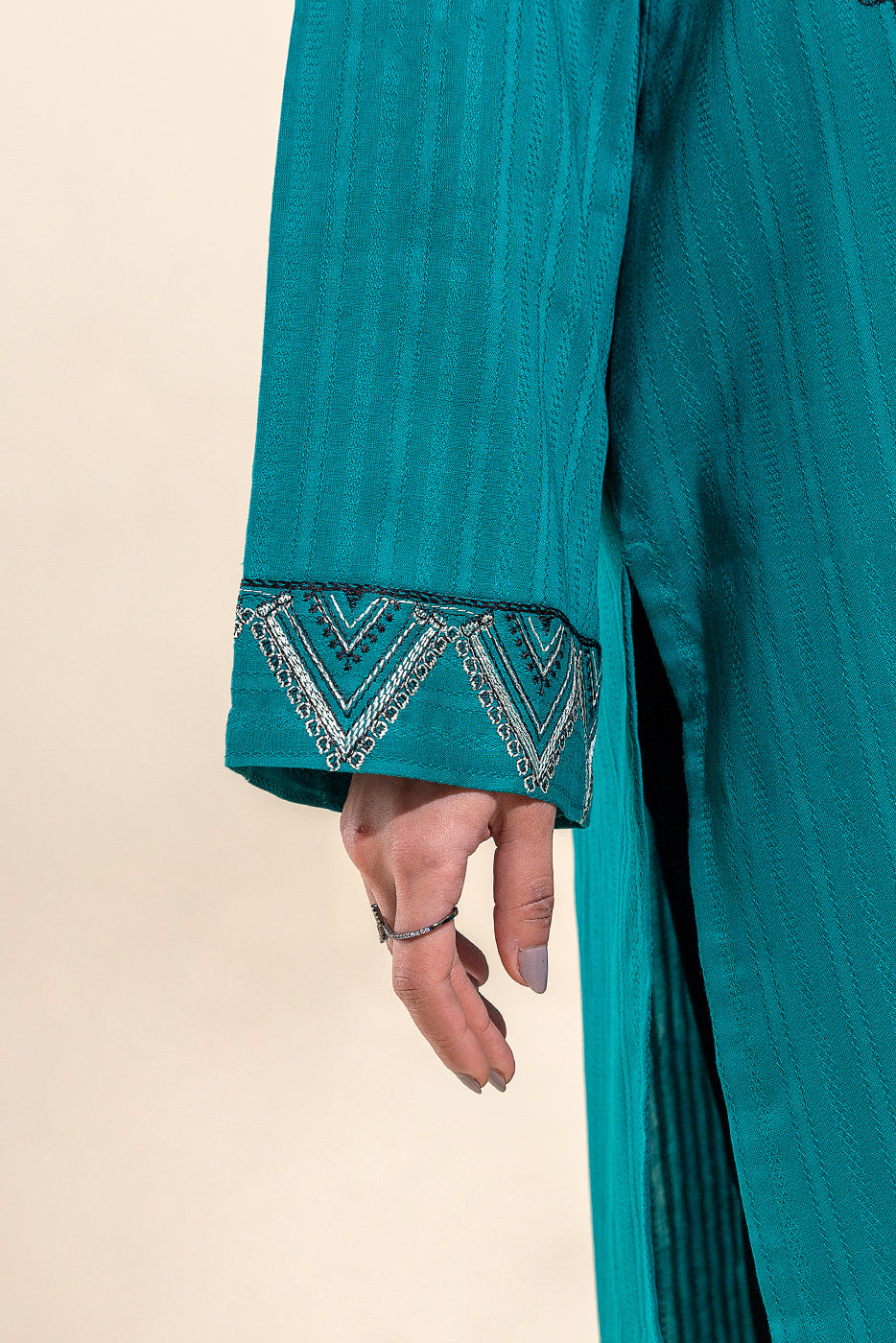 1 PIECE EMBROIDERED LENO KARRA SHIRT-TEAL AURA(UNSTITCHED)