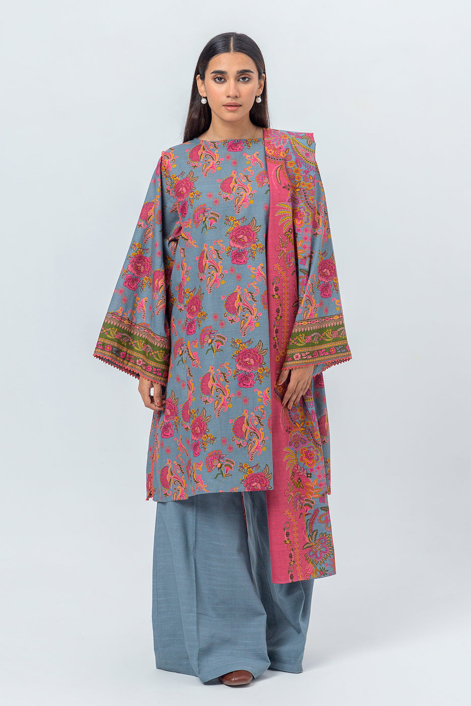 2 PIECE - PRINTED KHADDAR SUIT - GRAY MIST (UNSTITCHED) - BEECHTREE
