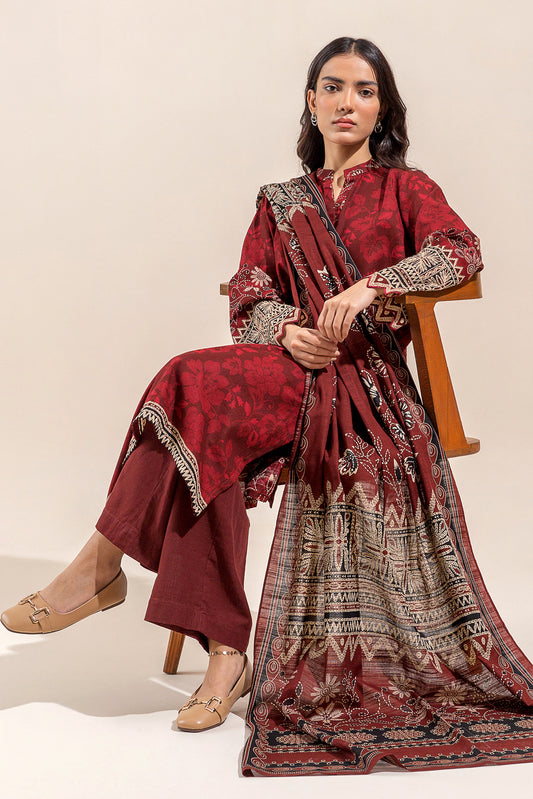 3 PIECE - PRINTED KHADDAR SUIT - CRIMSON SAGE (UNSTITCHED)