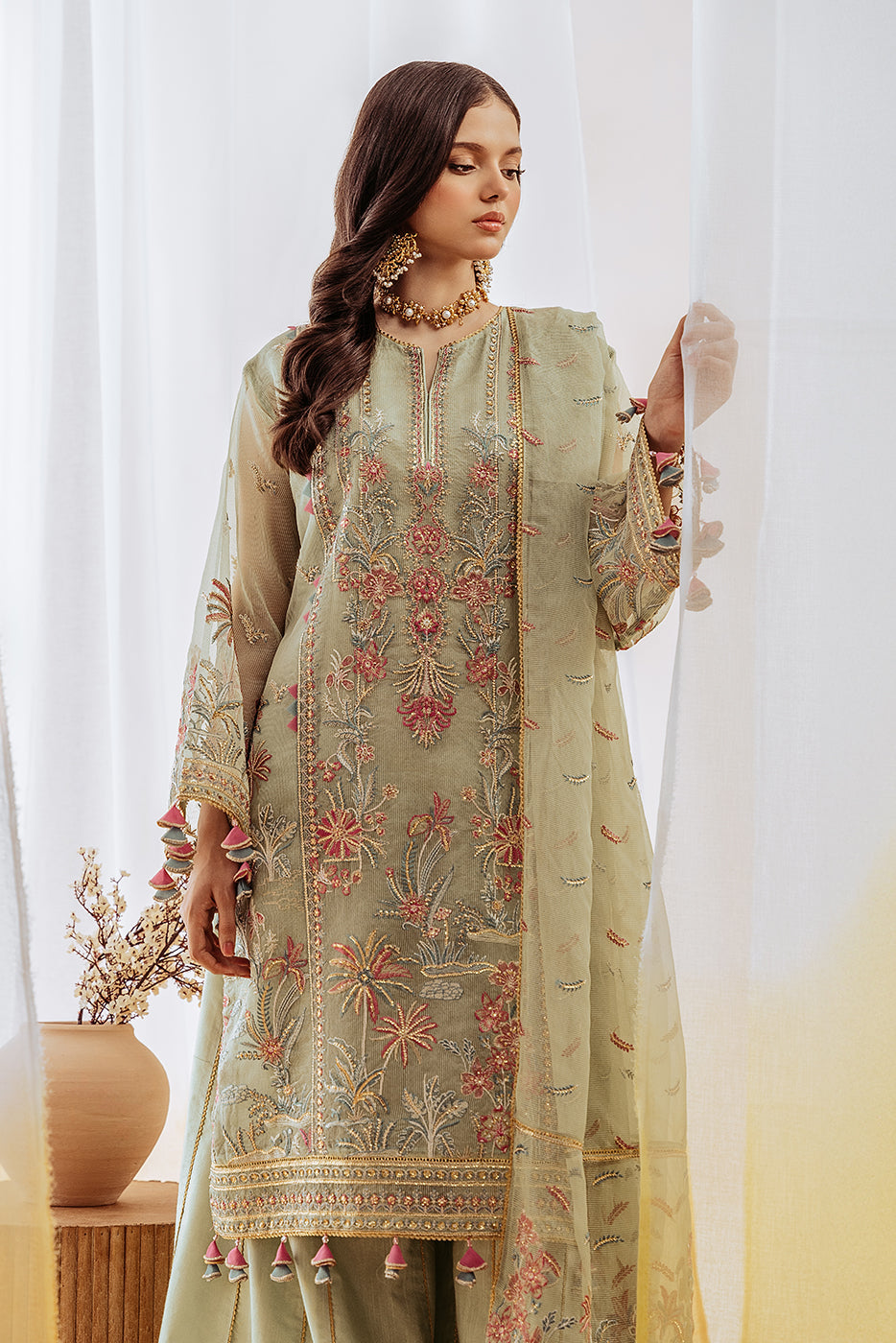 4 PIECE EMBROIDERED ORGANZA NET SUIT-GARLAND GLOW (UNSTITCHED)