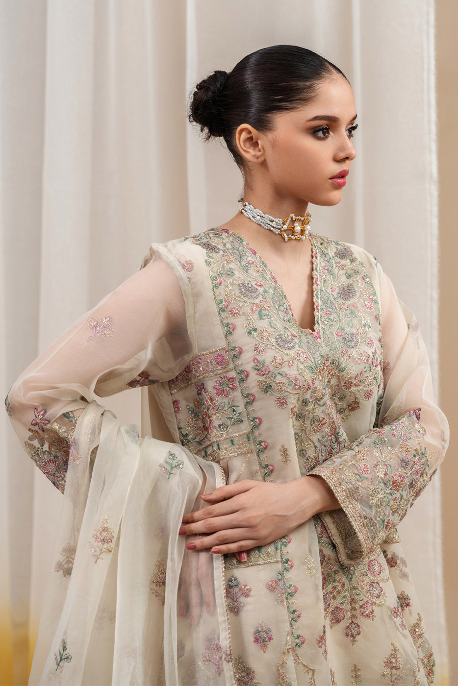 "Summer Dew: Exquisite 4-piece embroidered organza suit."