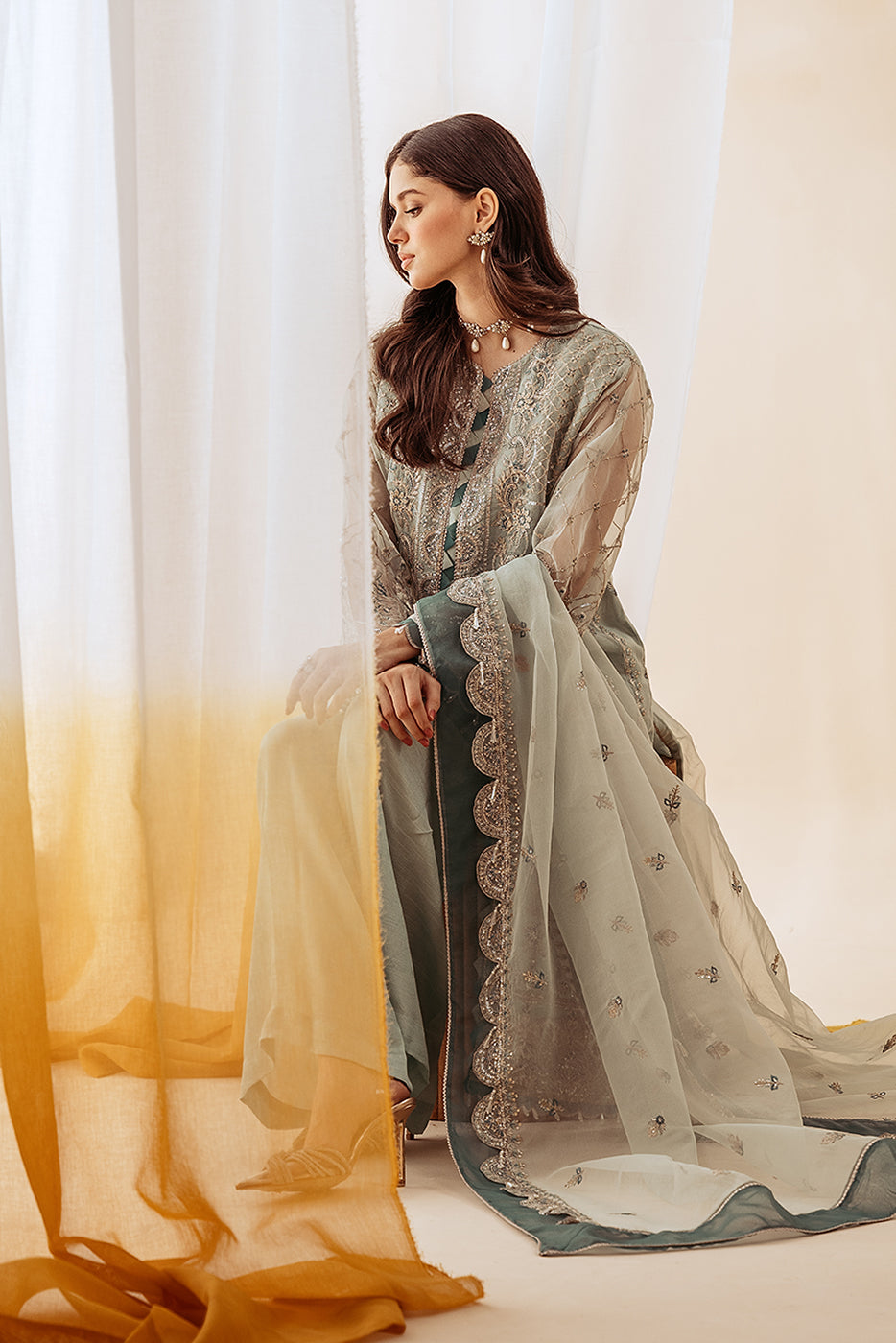 4 PIECE EMBROIDERED ORGANZA SUIT-MINT SPRING (UNSTITCHED)