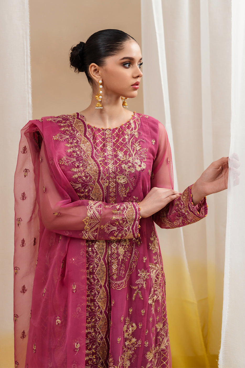 4 PIECE EMBROIDERED ORGANZA NET SUIT-FUCHSIA FANTASY (UNSTITCHED) - BEECHTREE