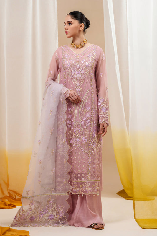 4 PIECE EMBROIDERED ORGANZA NET SUIT-PINK AURA (UNSTITCHED)