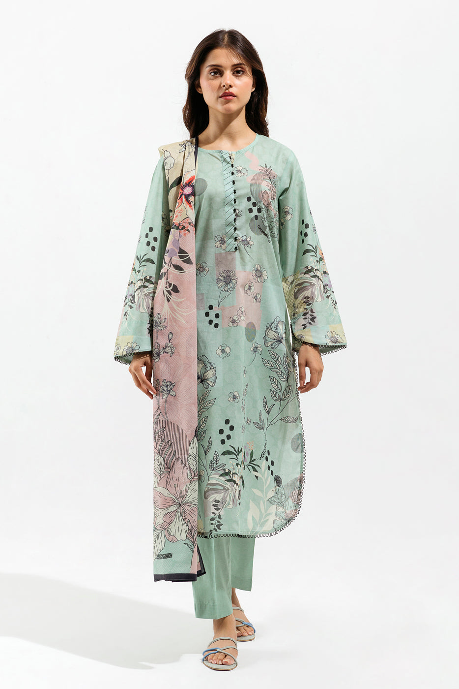 3 PIECE - PRINTED LAWN SUIT - PISTACHIO ROUGE (UNSTITCHED)