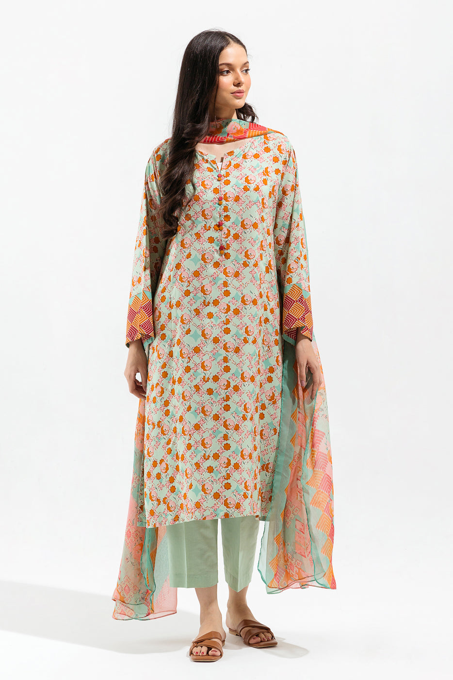 3 PIECE - PRINTED VISCOSE SUIT - MINT IVY (UNSTITCHED) - BEECHTREE