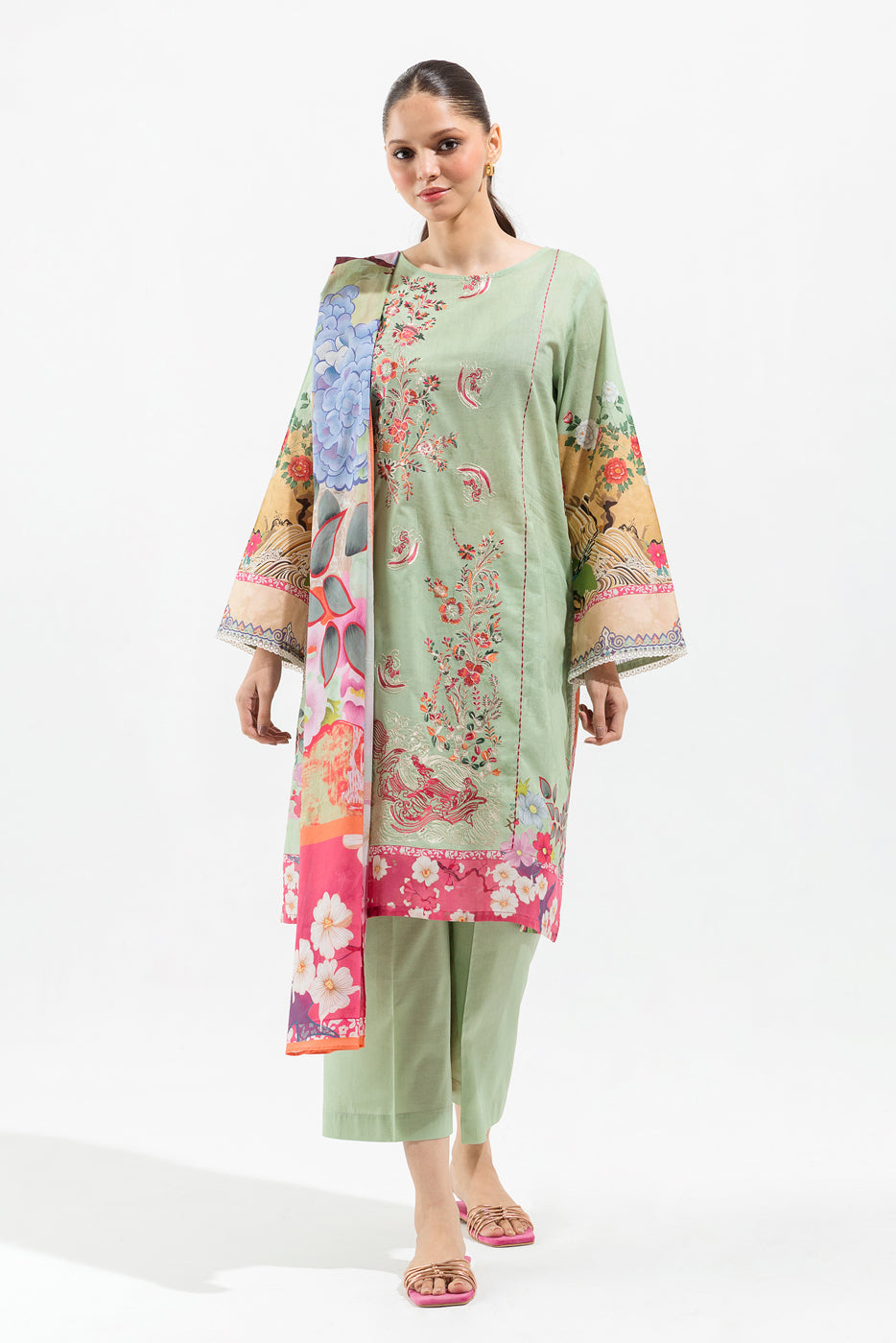 3 PIECE - EMBROIDERED LAWN SUIT - PISTACHIO BLOOM