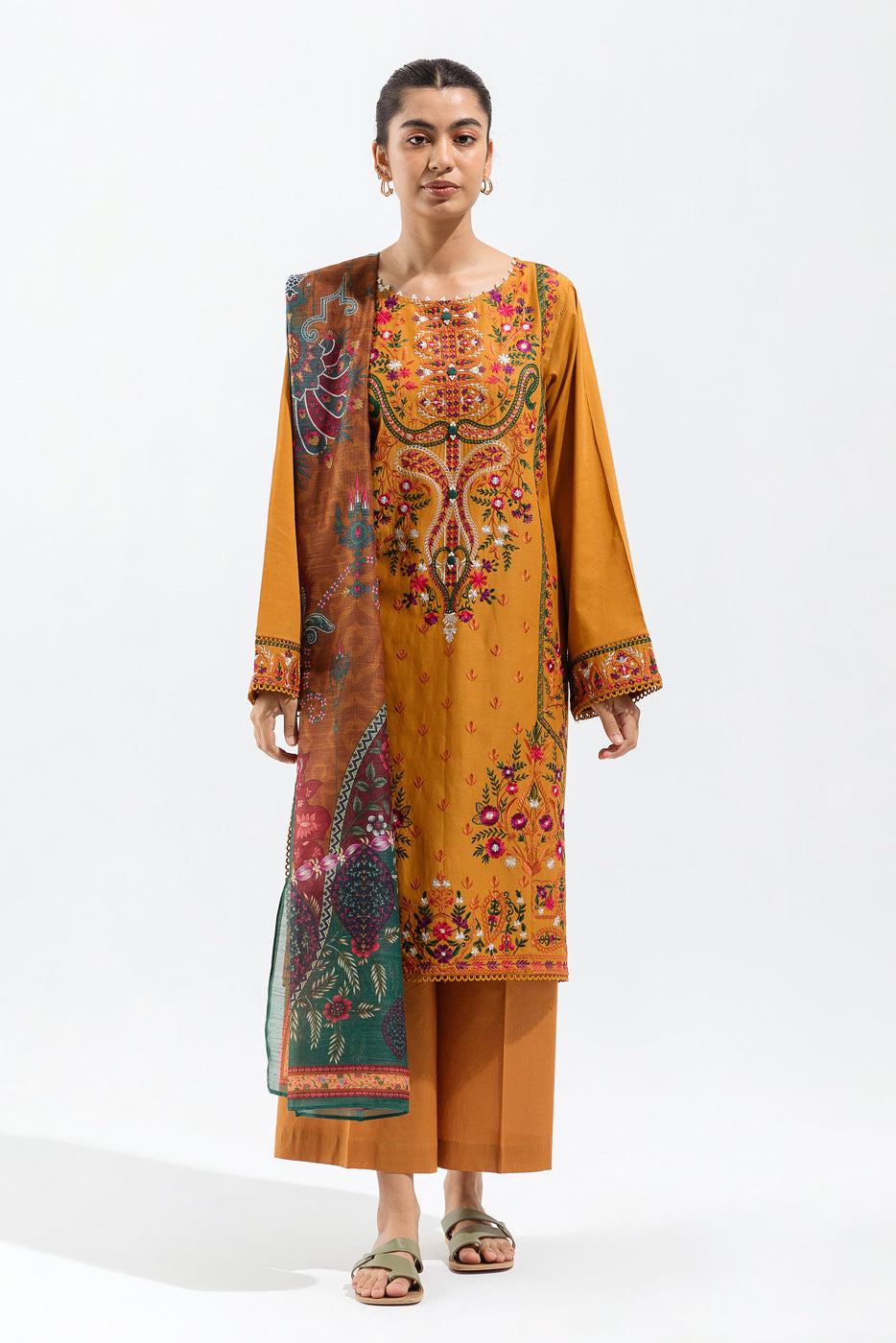 3 PIECE - EMBROIDERED MULTI NAPS SUIT - MUSTARD WILT (UNSTITCHED)