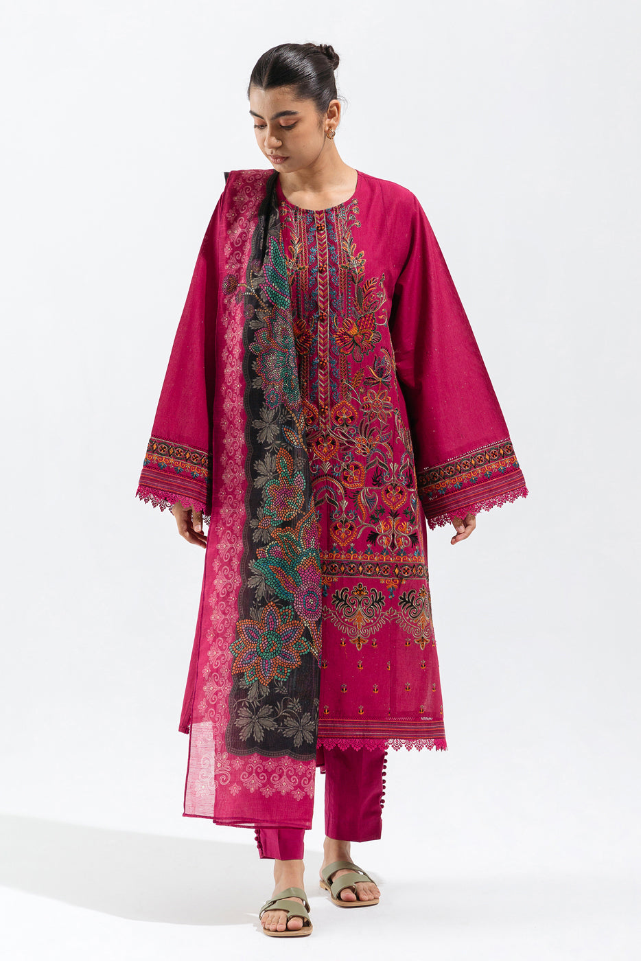 3 PIECE - EMBROIDERED MULTI NAPS SUIT - FUSCIA MOSAIC (UNSTITCHED)