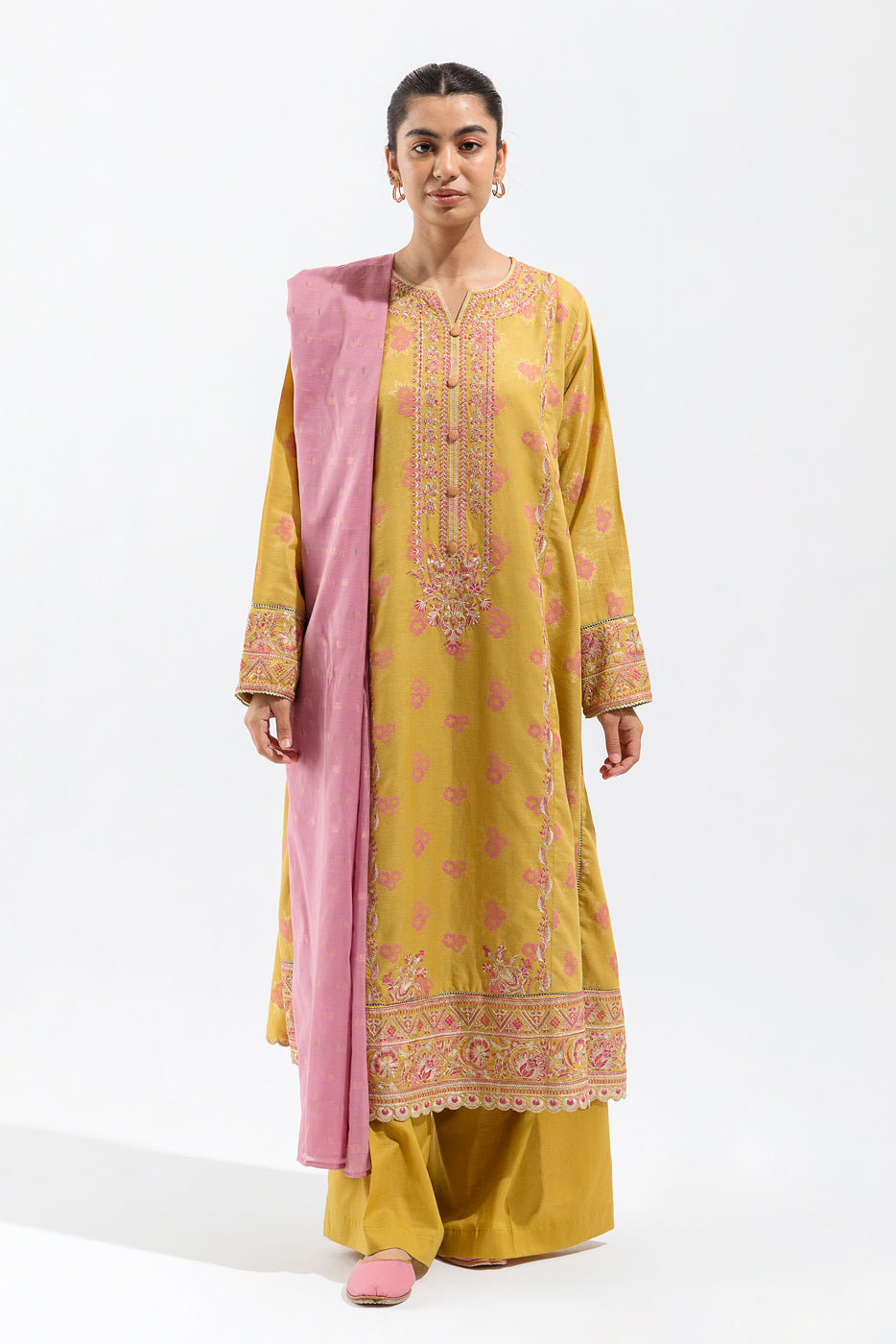 3 PIECE - EMBROIDERED JACQUARD SUIT - MEDALLION TAFFY (UNSTITCHED)