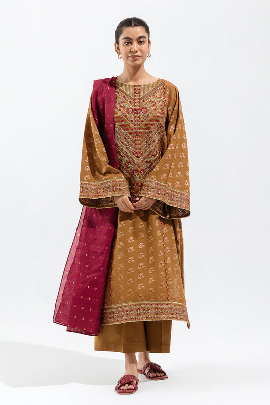 3 PIECE - EMBROIDERED JACQUARD SUIT - MULBERRY BRONZE (UNSTITCHED)