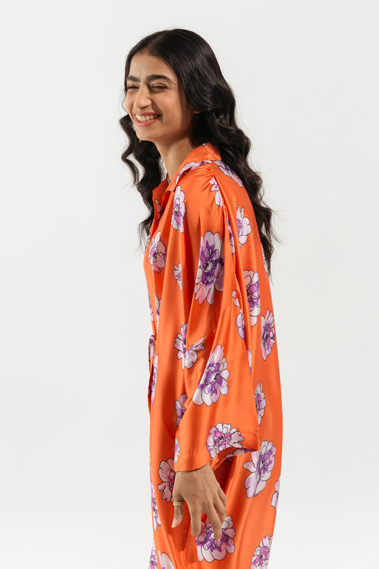 RUST ORANGE ABSTRACT FLORAL LONG TUNIC