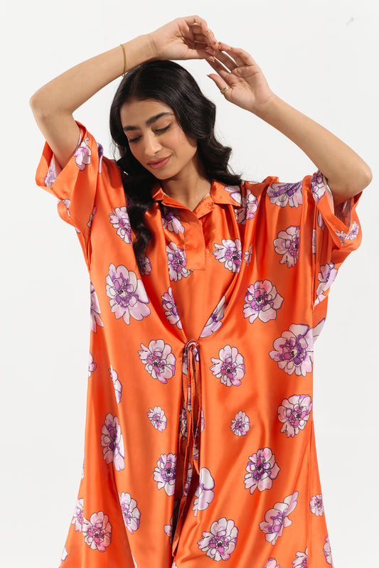 RUST ORANGE ABSTRACT FLORAL LONG TUNIC
