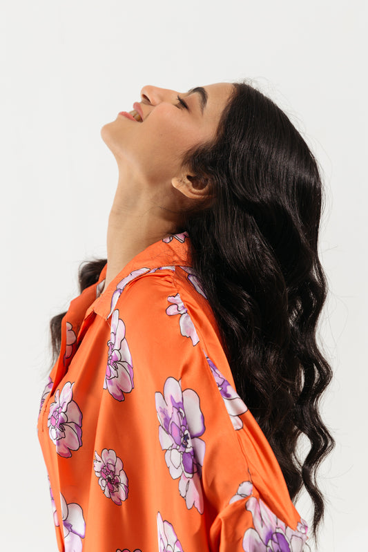 RUST ORANGE ABSTRACT FLORAL LONG TUNIC