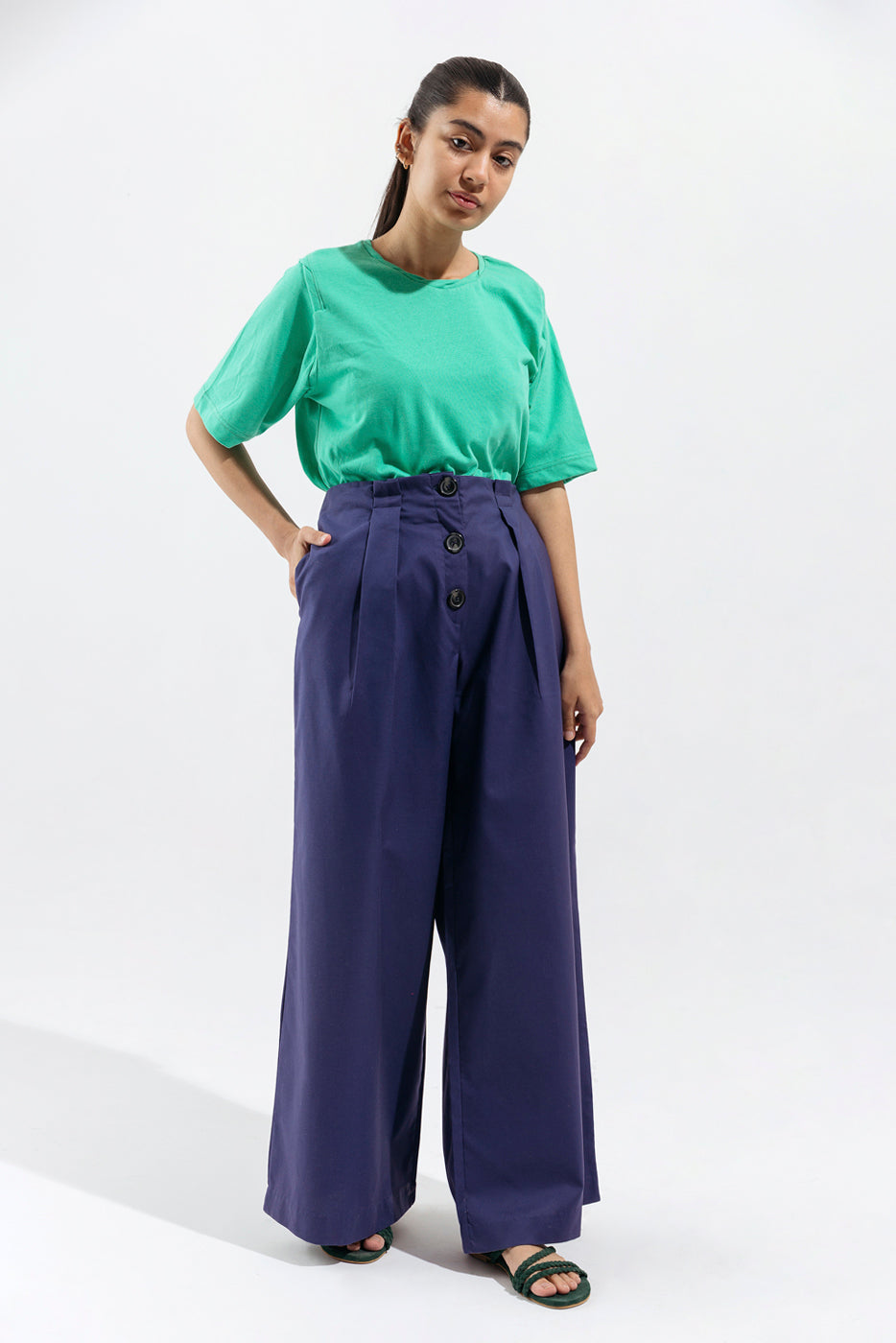 BLUE WIDE LEG HIGH RISE PANTS