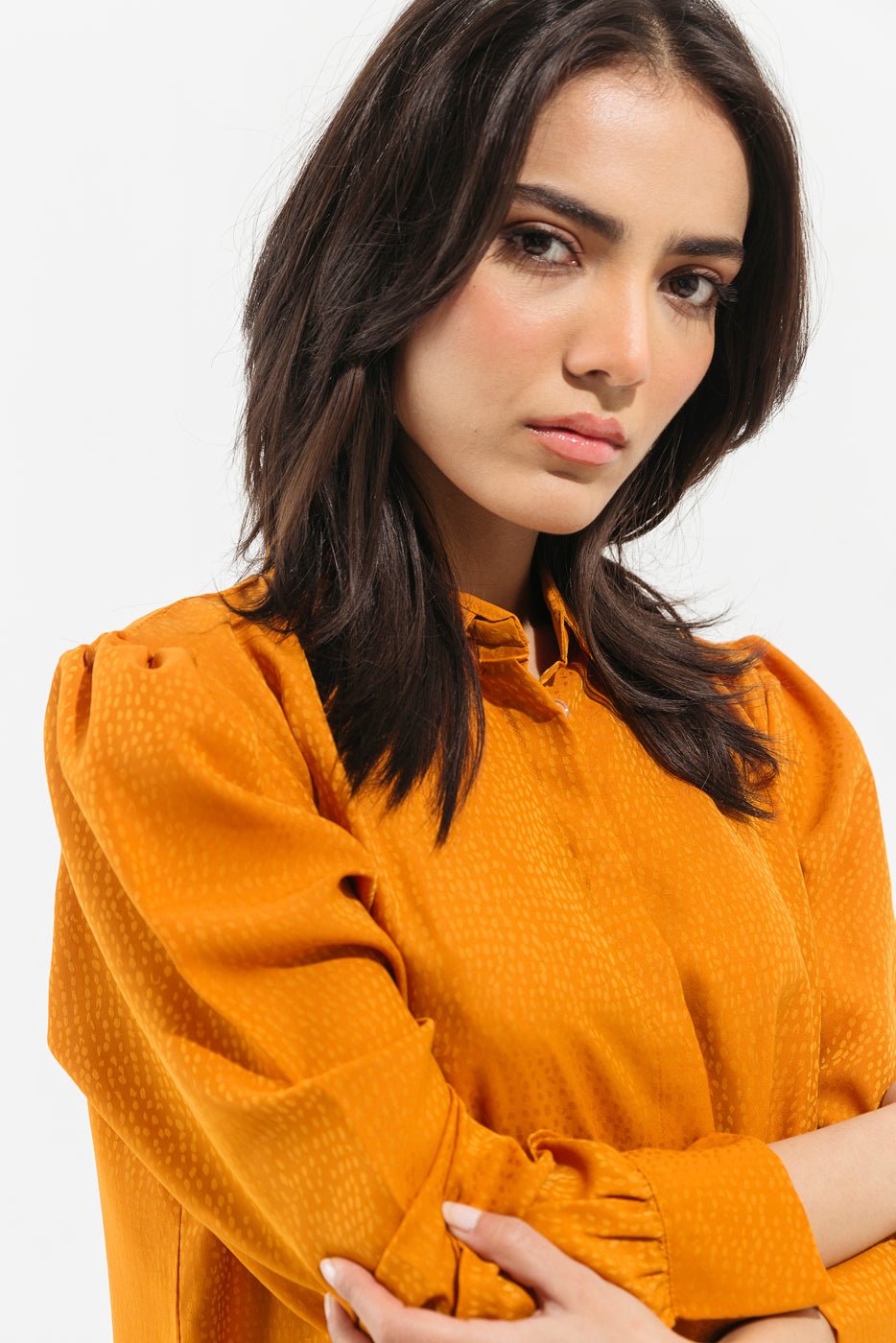 MUSTARD SATIN BUTTON DOWN TOP