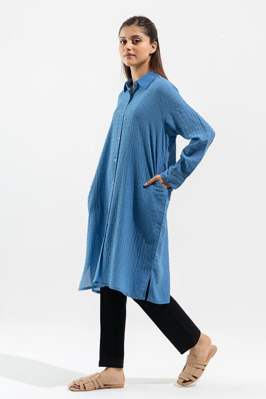 BLUE TEXTURED LONG TUNIC