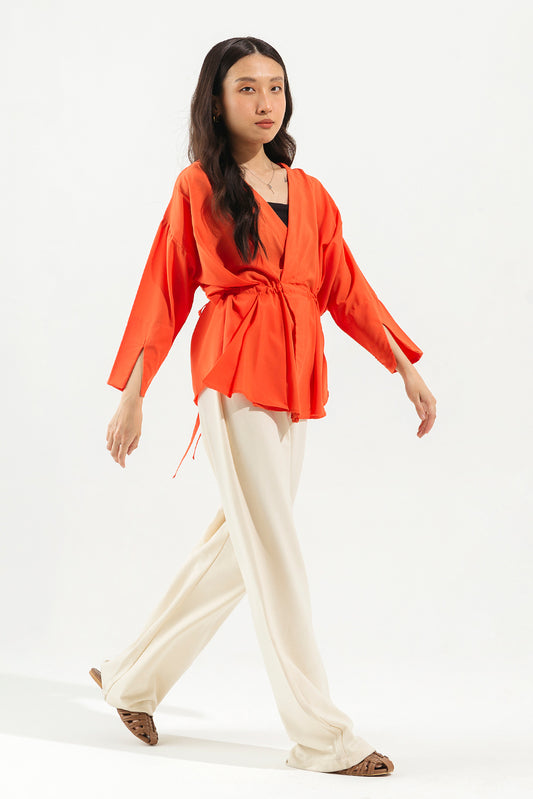 ORANGE CREPE PLEATED TOP