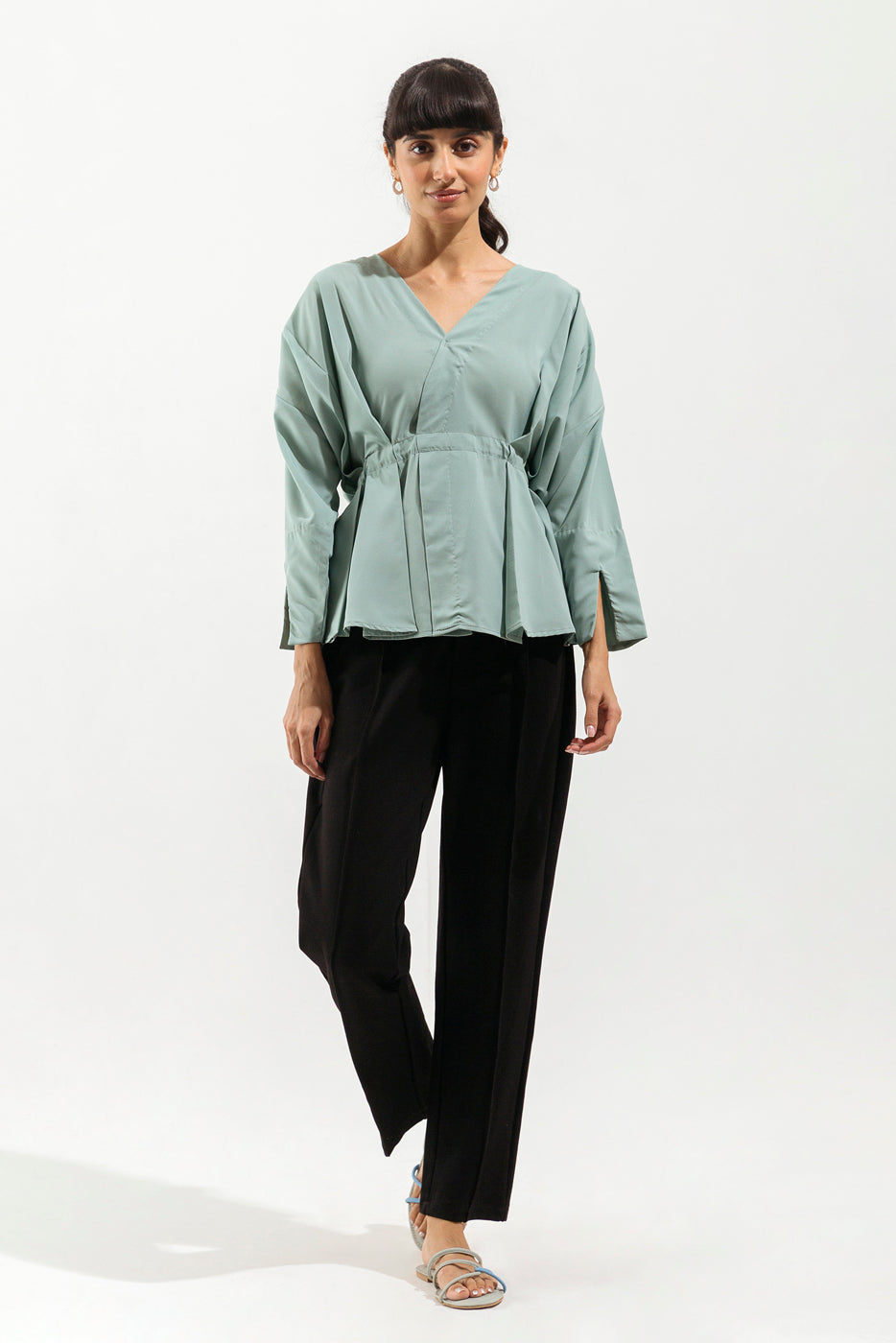 SEA GREEN CREPE PLEATED TOP