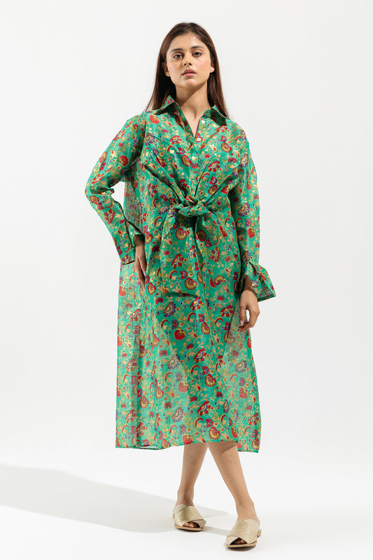 GREEN PRINTED KNOTTED LONG DRESS