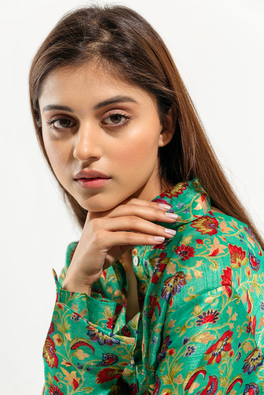 GREEN PRINTED KNOTTED LONG DRESS