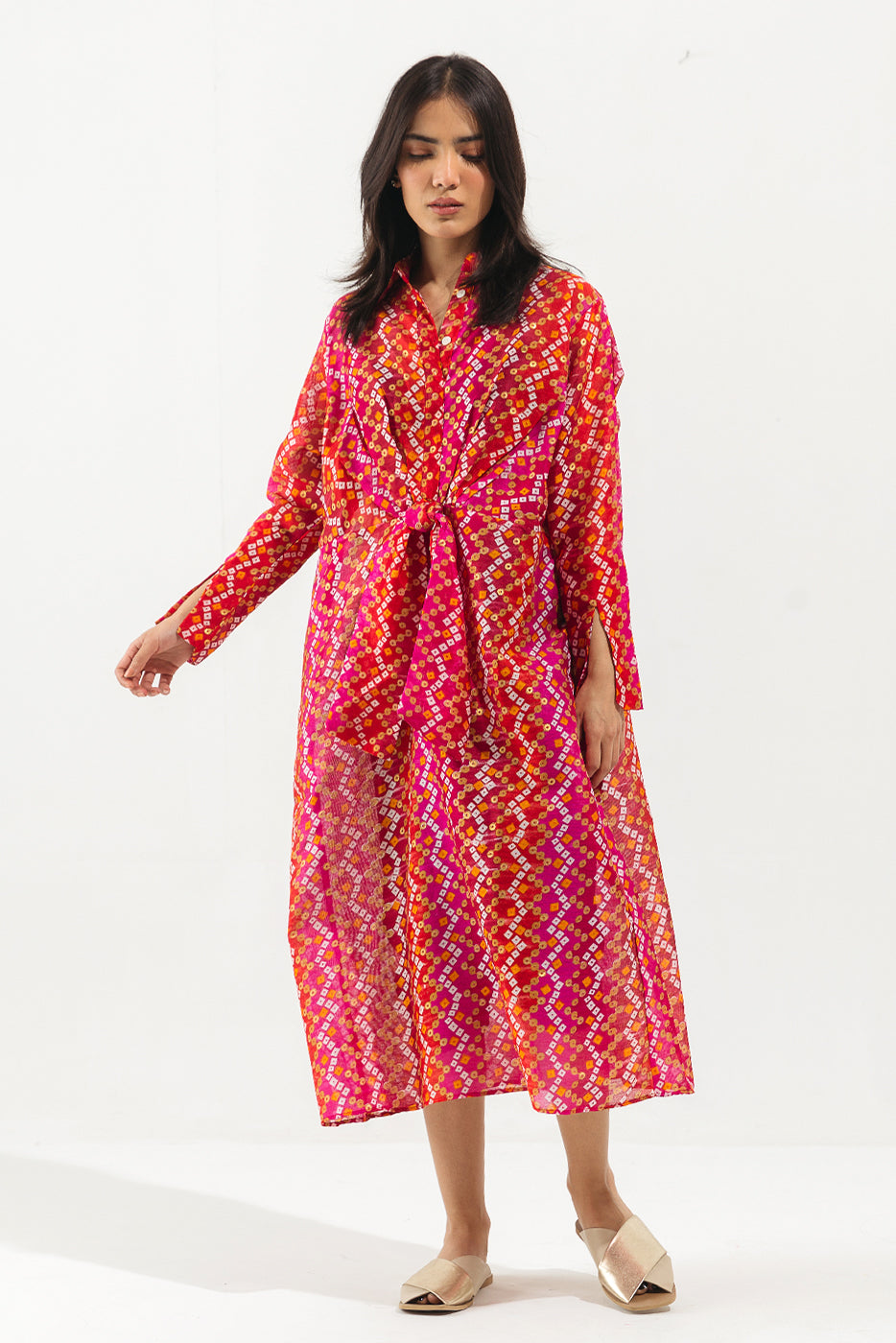 PINK CHUNRI PRINT KNOTTED LONG DRESS