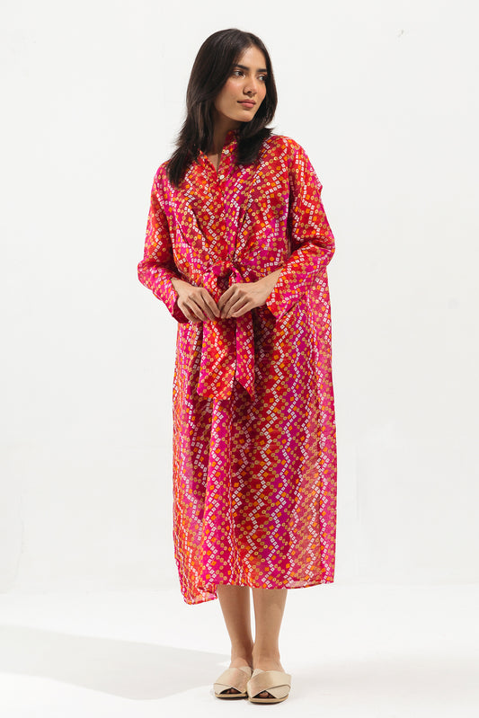 PINK CHUNRI PRINT KNOTTED LONG DRESS