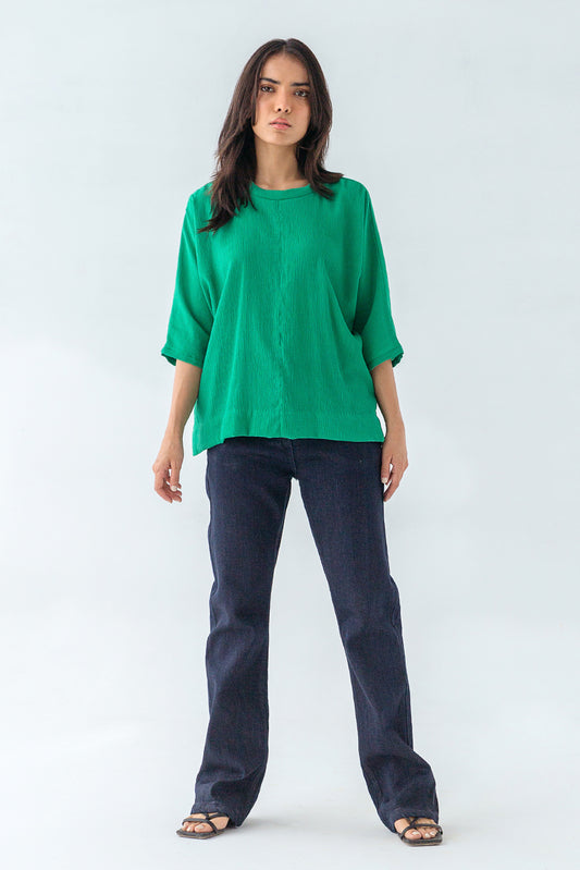 GREEN CREW NECK TOP