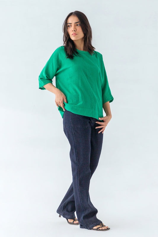 GREEN CREW NECK TOP