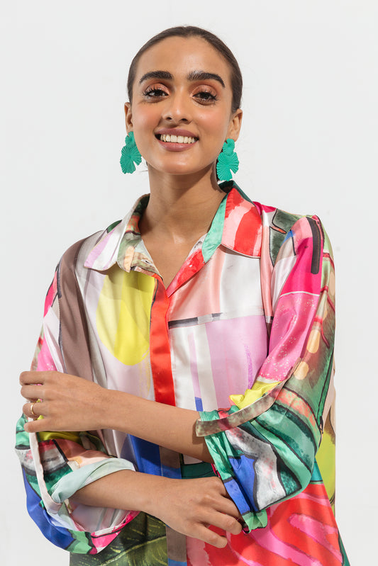 PRINTED SILK BUTTON DOWN LONG DRESS