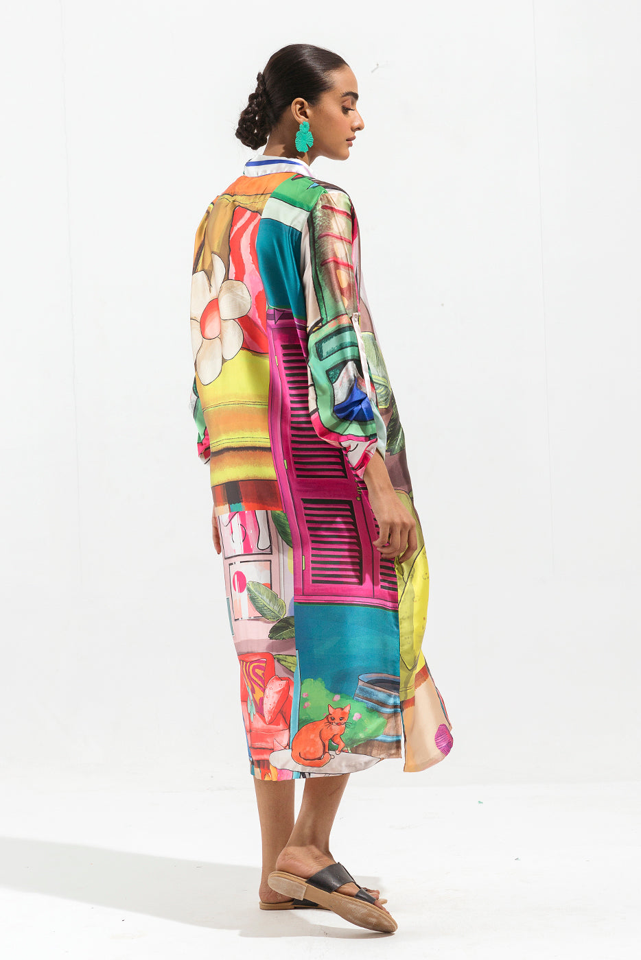 PRINTED SILK BUTTON DOWN LONG DRESS