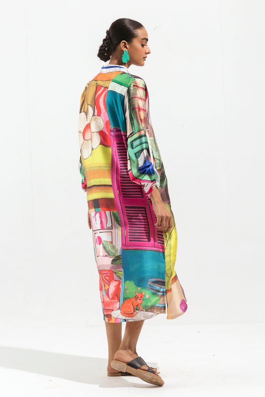 PRINTED SILK BUTTON DOWN LONG DRESS