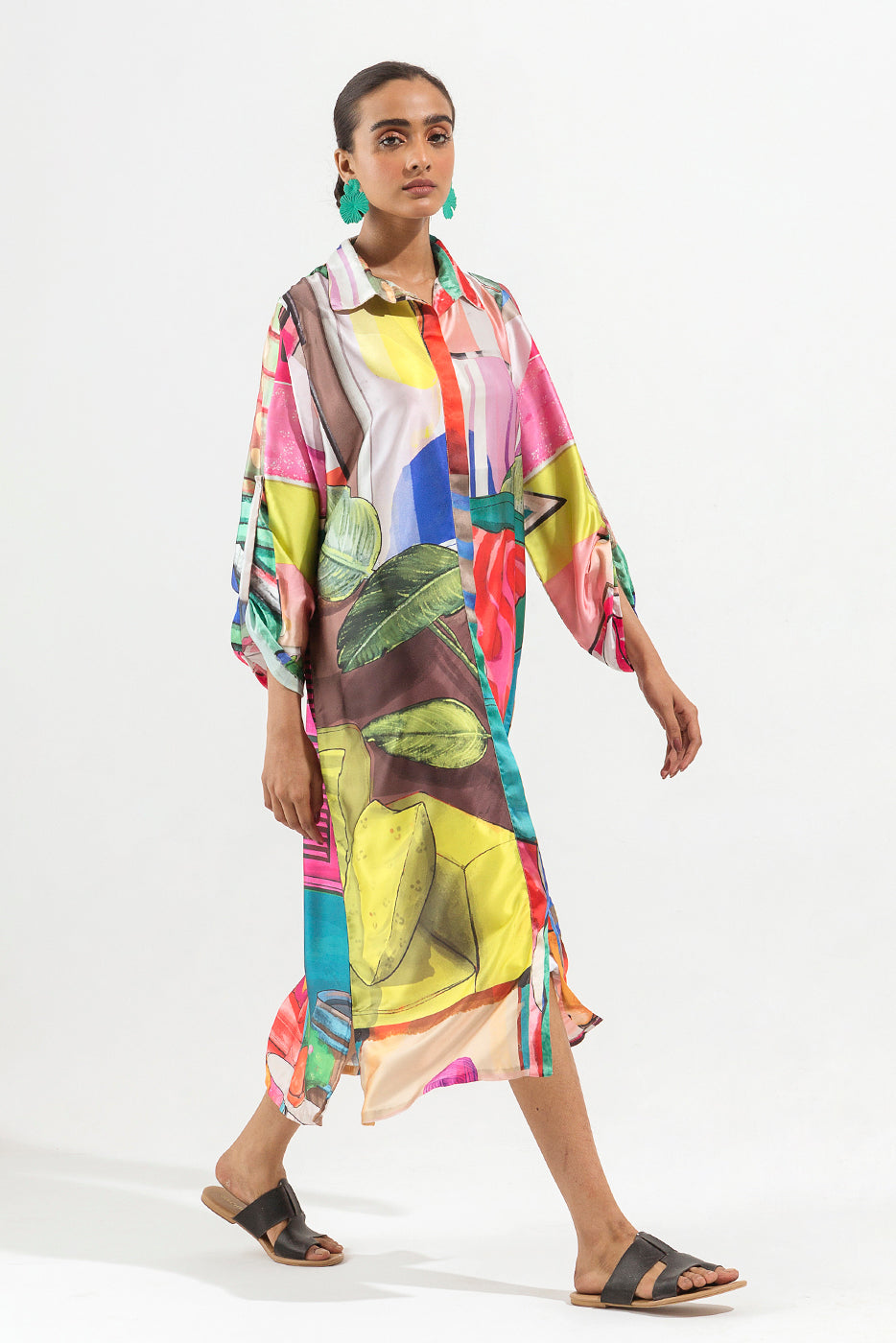 PRINTED SILK BUTTON DOWN LONG DRESS