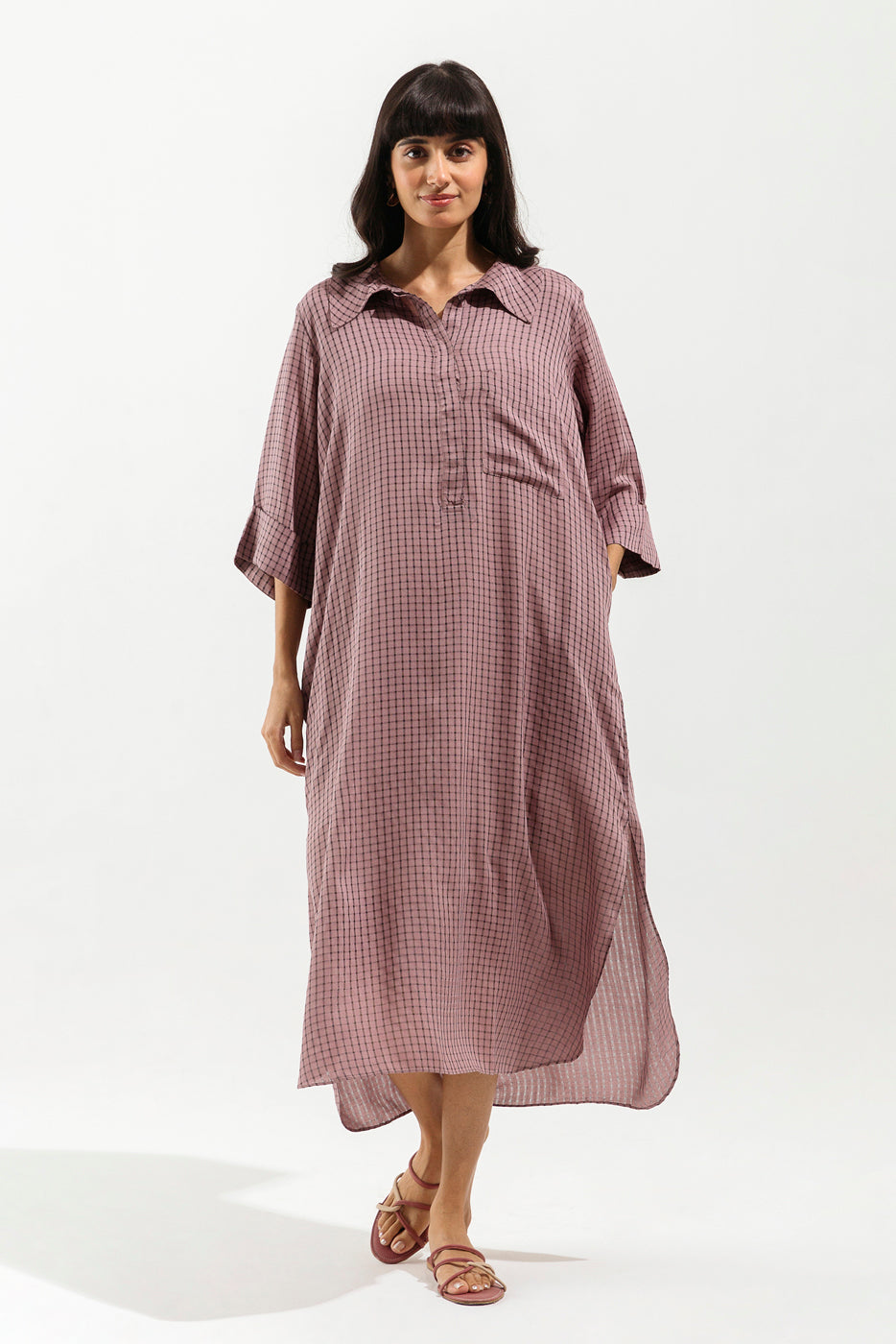 SAND BROWN CHECKERED LONG TUNIC