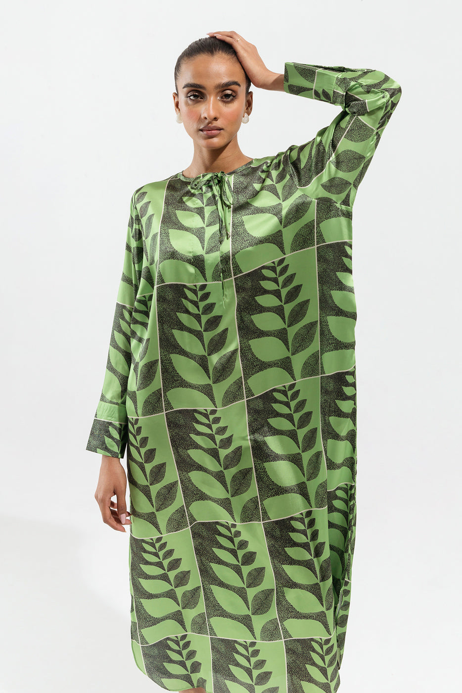 GREEN PRINTED SILK LONG TUNIC