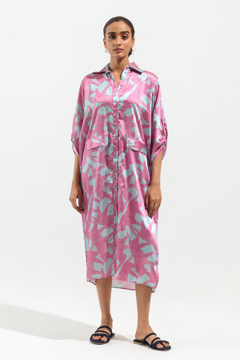 POWDER BLUE PRINTED SILK LONG TUNIC