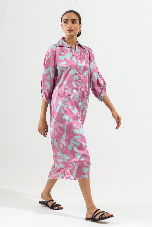 POWDER BLUE PRINTED SILK LONG TUNIC