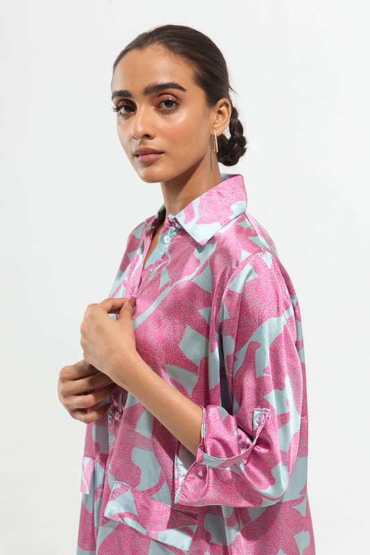 POWDER BLUE PRINTED SILK LONG TUNIC