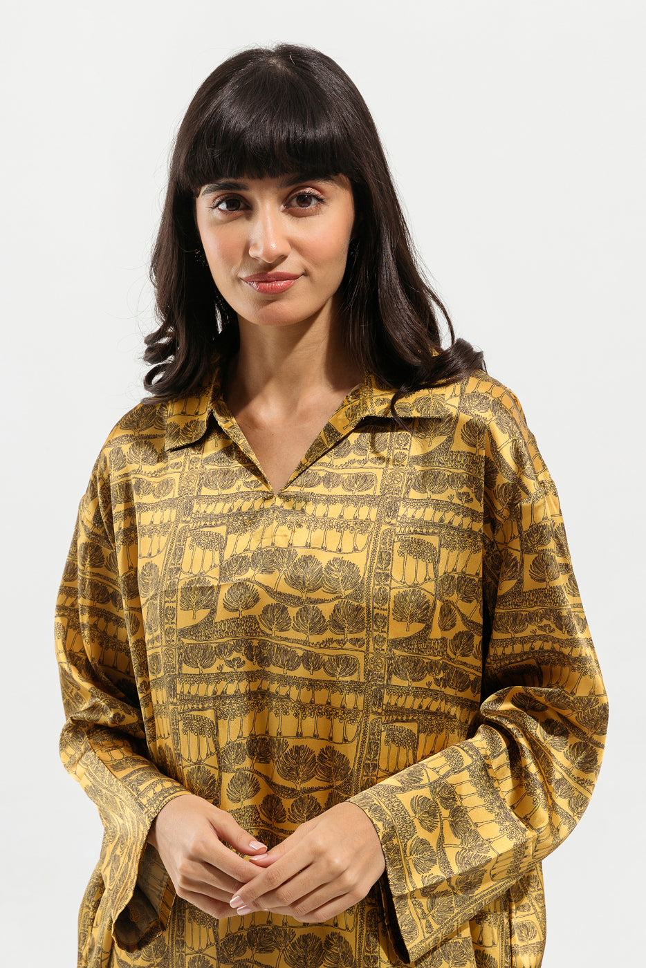 Mustard printed silk long tunic - BEECHTREE