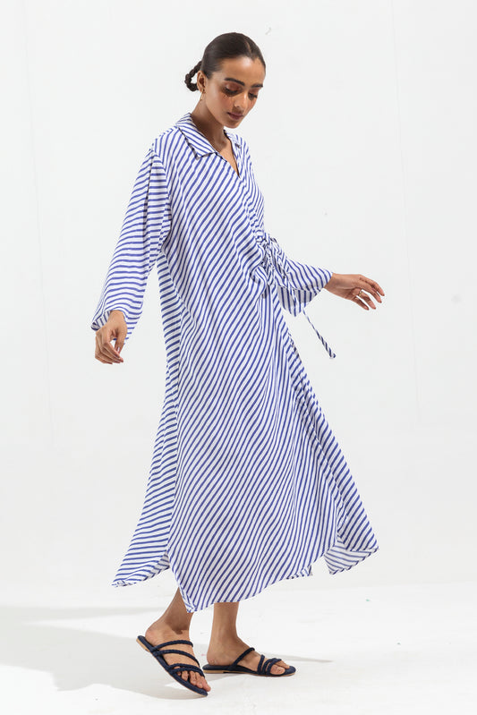 WHITE AND BLUE STRIPED KNOTTING DRESS