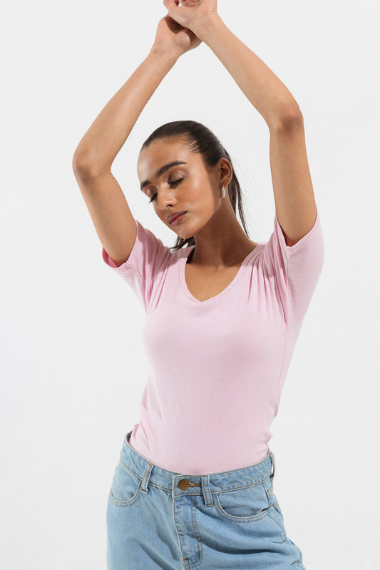 LIGHT PINK V NECK CROPPED TOP