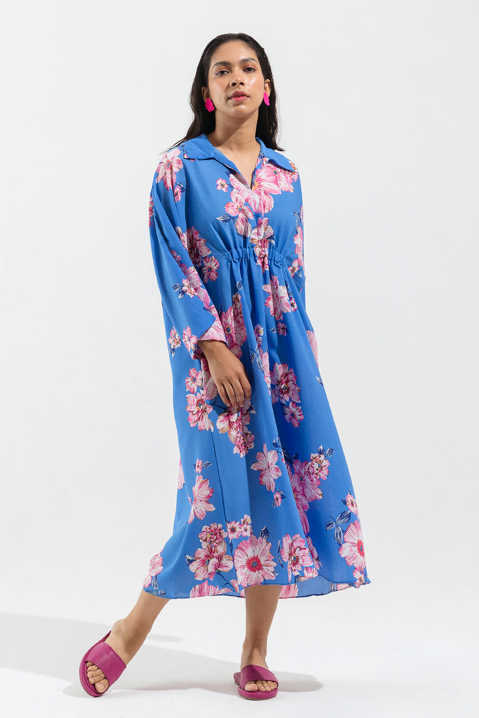 BLUE FLORAL KIMONO SLEEVE DRESS