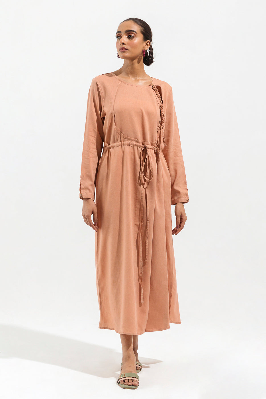 SAND BROWN OVERLAPPED LONG DRESS